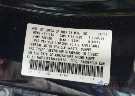 2017 Honda Accord Sport from USA, damaged, VIN 1HGCR2F58HA185620